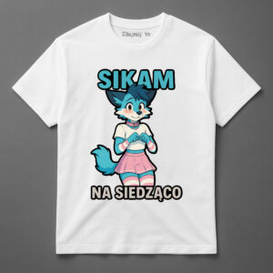 Koszulka z niebiesko-różowym lisem i napisem SIKAM NA SIEDZĄCO.