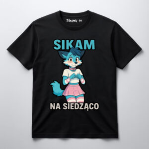 Czarna koszulka z grafiką niebieskiego wilka w spódnicy i napisem SIKAM NA SIEDZĄCO.