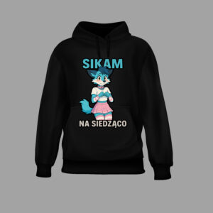 Czarna bluza z animowaną postacią i napisem Sikam na siedząco.