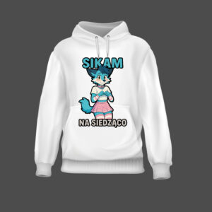 Biały bluz z nadrukiem Sikam na siedząco i niebieską postacią furry.