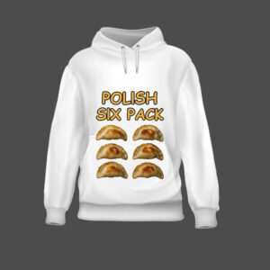 Biała bluza z nadrukiem Polish Six Pack oraz grafiką sześciu pierogów.