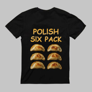 Czarna koszulka z napisem Polish Six Pack i grafiką sześciu pierogów.