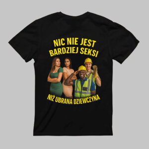 Czarny t-shirt z żółtym napisem i zdjęciami ludzi w strojach budowlanych i eleganckich.