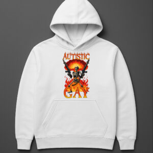 Biała bluza z kapturem z nadrukiem szkieletu i kolorowym napisem Autistic Gay.