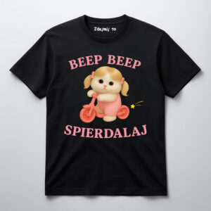 T-shirt z grafiką psa na rowerku i napisem Beep Beep Spierdalaj.