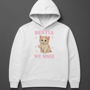 Biała bluza z kapturem z nadrukiem uroczej kotki i napisem Bestia we mnie.