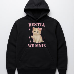 Bluza z nadrukiem kotka i napisem Bestia we mnie na czarnym tle.