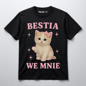Czarna koszulka z grafiką kota z różową kokardką i napisem Bestia we mnie.