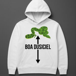 Biała bluza z kapturem z grafiką węża i napisem Boa Dusiciel.