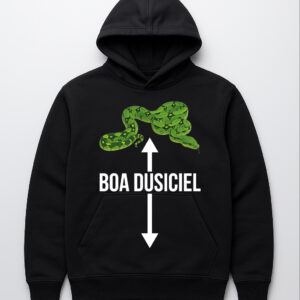 Bluza z kapturem z nadrukiem zielonego węża i napisem Boa dusiciel.