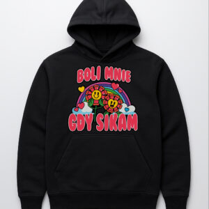 Czarna bluza z kapturem i napisem Boli mnie, gdy sikam z rysunkiem kwiatów i tęczy.