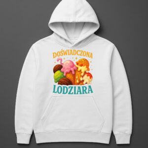 Biała bluza z kapturem z grafiką różnych lodów i napisem Doświadczona lodziara.