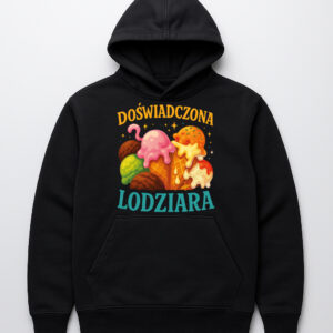 Czarna bluza z kapturem z kolorowym nadrukiem z lodami i napisem Doświadczona Lodziara.