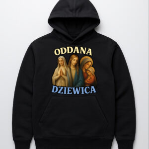 Czarna bluza z kapturem z grafiką przedstawiającą trzy postaci i napisem Oddana Dziewica.