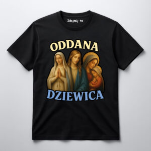Czarna koszulka z grafiką trzech postaci religijnych i napisem Oddana Dziewica.