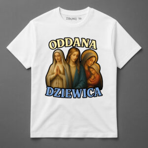 Koszulka z grafiką trzech postaci religijnych i napisem Oddana Dziewica.