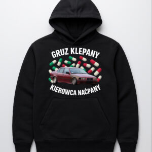 Czarna bluza z nadrukiem Gruz klepany, kierowca naćpany i grafiką samochodu oraz tabletek.