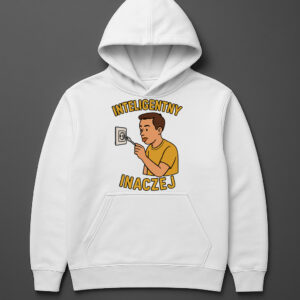 Bluza z rysunkiem i napisem Inteligentny inaczej na szarym tle.