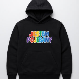 Czarna bluza z kapturem z kolorowym napisem Jestem pojebany.
