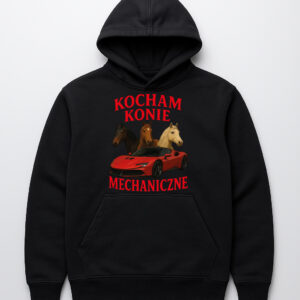 Czarna bluza z napisem Kocham Konie Mechaniczne oraz grafiką koni i samochodu.