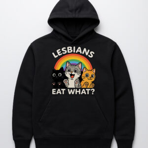 Czarna bluza z kapturem z grafiką kotów na tle tęczy i napisem Lesbians Eat What?.