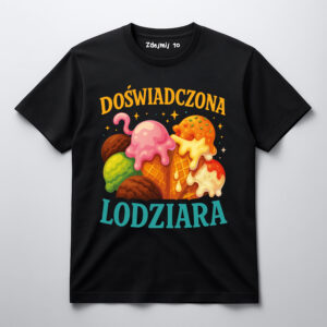 Czarna koszulka z grafiką lodów i napisem Doświadczona Lodziara.