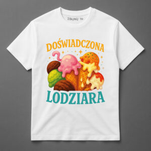 T-shirt z kolorowymi gałkami lodów i napisem Doświadczona Lodziara.