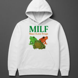 Biała bluza z napisem MILF: Man I Love Frogs i trzema kolorowymi żabami.