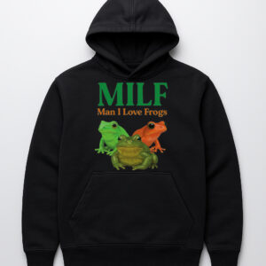 Czarna bluza z kapturem z grafiką trzech żab i napisem MILF: Man I Love Frogs.