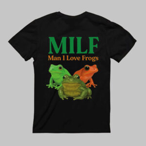 Koszulka z napisem MILF i trzema kolorowymi żabami.