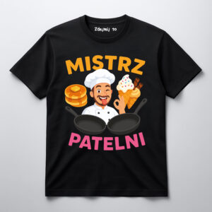 Czarna koszulka z napisem Mistrz patelni i grafiką kucharza oraz patelni.