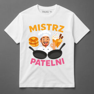 Koszulka z nadrukiem kucharza, patelni i potraw, napisy Mistrz Patelni.