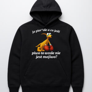 Czarna bluza z kapturem z nadrukiem psa boksującego i humorystycznym napisem.