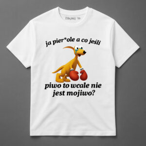 Koszulka z żółtym psem w rękawicach bokserskich i zabawnym napisem.