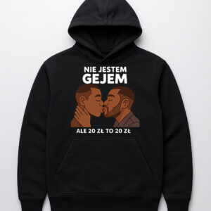 Czarna bluza z nadrukiem Nie jestem gejem, ale 20 zł to 20 zł, dwóch mężczyzn w pocałunku.