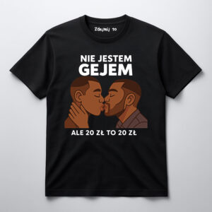 Czarna koszulka z grafiką dwóch mężczyzn całujących się i napisem humorystycznym.