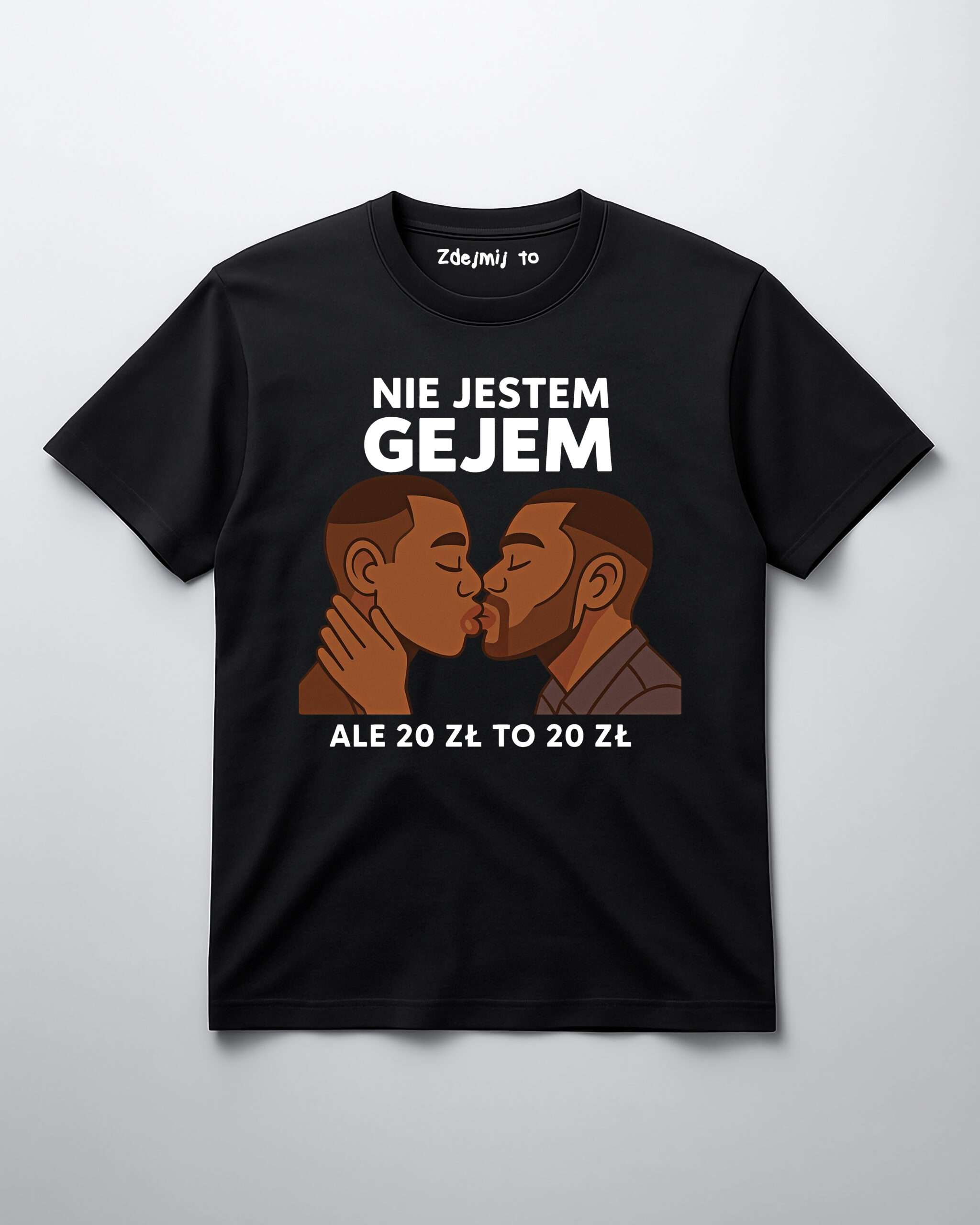 Czarna koszulka z grafiką dwóch mężczyzn całujących się i napisem humorystycznym.