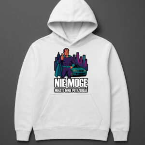Biała bluza z nadrukiem superbohatera i napisem Nie mogę, miasto mnie potrzebuje.