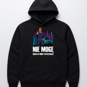 Czarna bluza z nadrukiem superbohatera i napisem Nie mogę, miasto mnie potrzebuje.