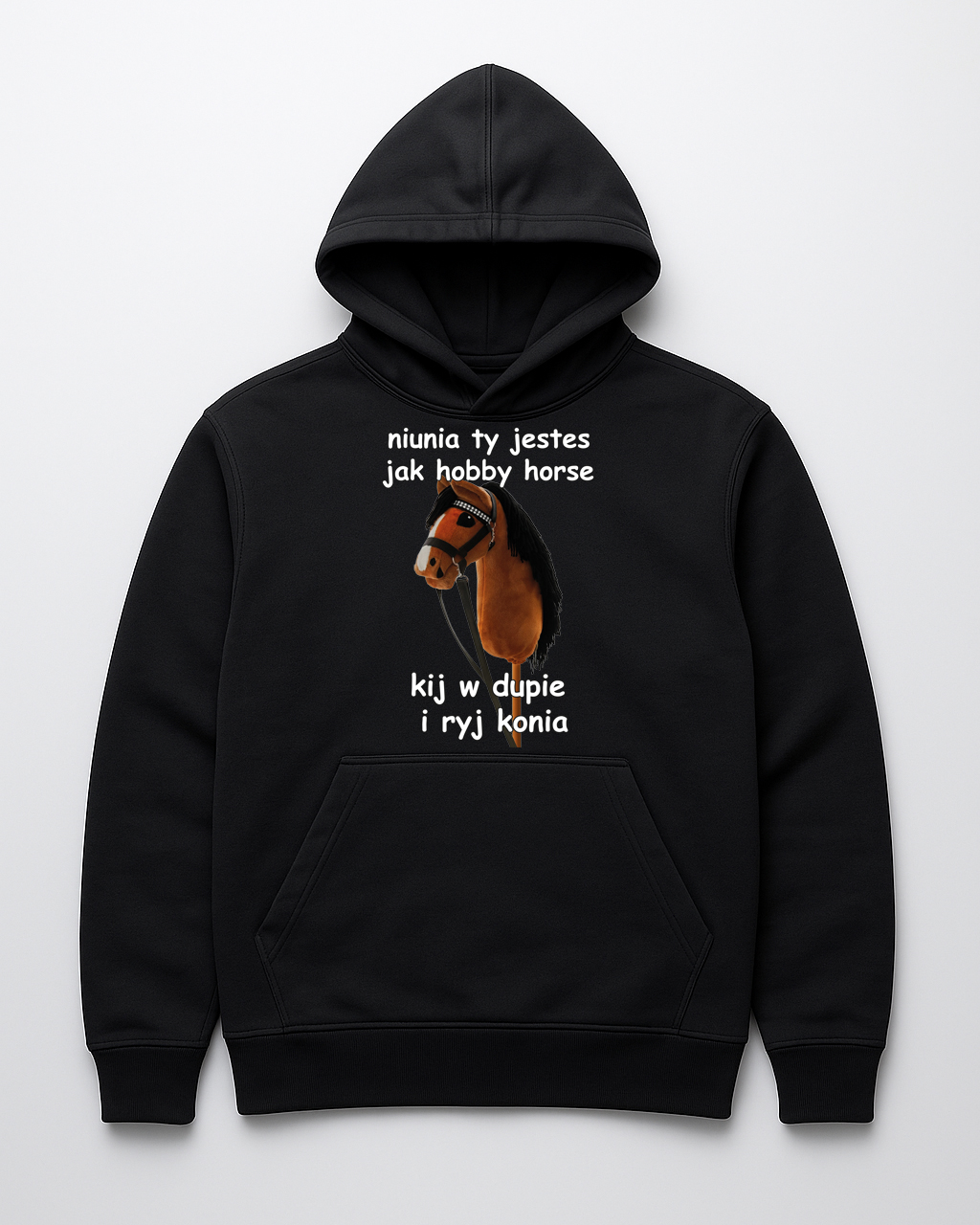 Bluza z kapturem z grafiką konia i napisem humorystycznym.