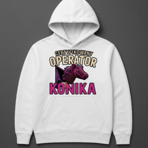 Bluza z kapturem Certyfikowany Operator Konika, grafika z fioletowym koniem.