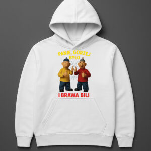 Bluza z grafiką dwóch postaci i napisem Panie, gorzej było, i brawa bili.