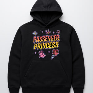 Czarna bluza z kapturem z napisem Passenger Princess i kolorowymi grafikami.