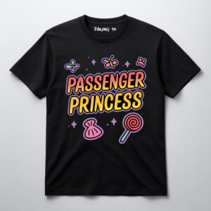Czarna koszulka z napisem Passenger Princess i kolorowymi grafikami motylków.