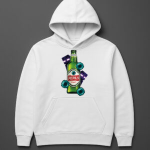 Bluza z nadrukiem butelki Perła i elementami pikselowymi, białe tło.