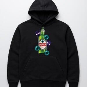 Czarna bluza z nadrukiem butelki piwa i pikselowymi elementami.