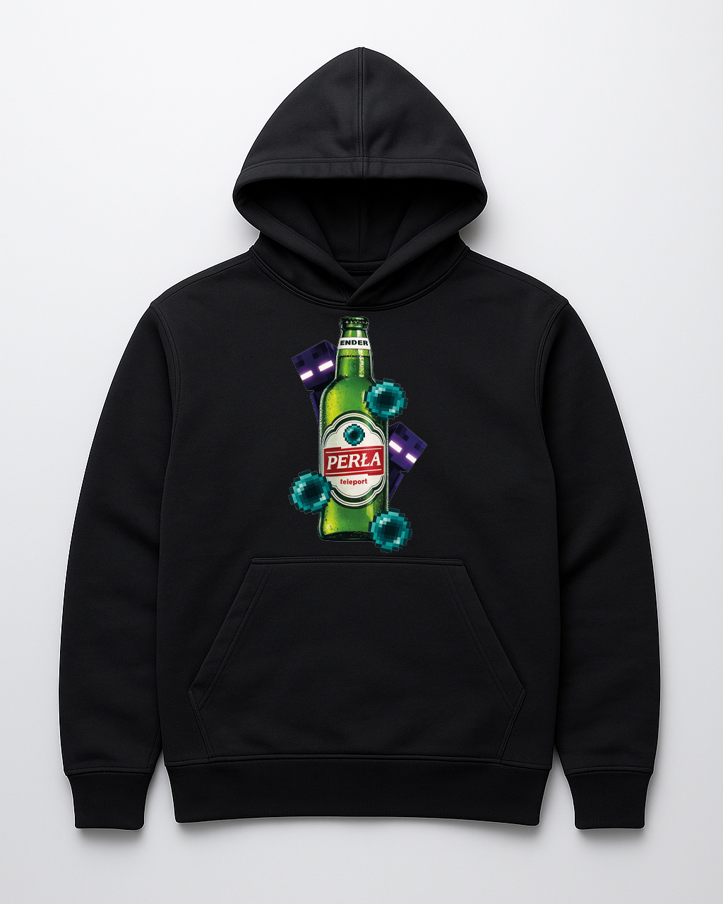 Czarna bluza z nadrukiem butelki piwa i pikselowymi elementami.