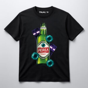 Czarna koszulka z motywem butelki i postaciami inspirowanymi grą komputerową.