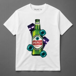 Koszulka z grafiką butelki piwa z elementami inspirowanymi grą komputerową.
