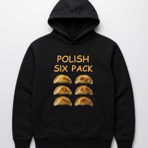 Czarna bluza z kapturem z napisem Polish Six Pack i grafiką pierogów.